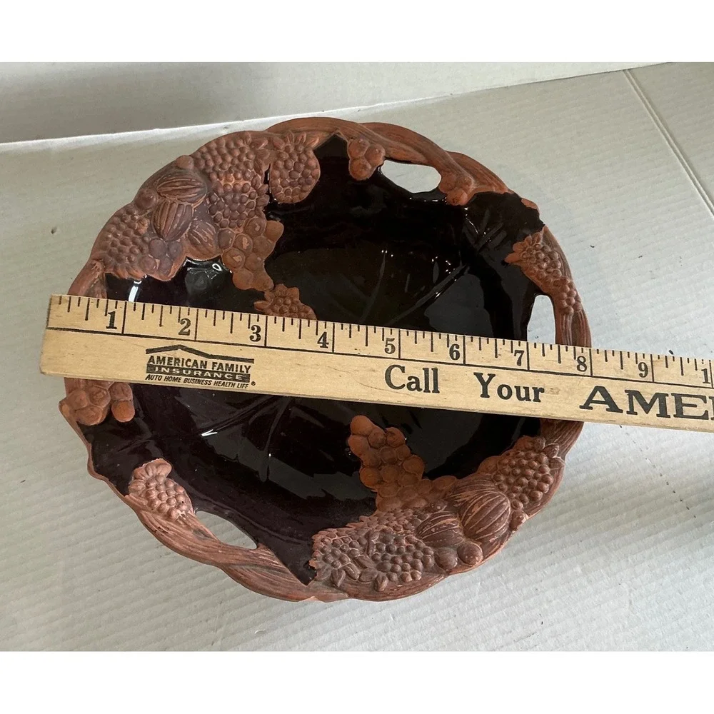 Vintage‎ Ceramic Grape Vine Fruit Bowl Hand Painted Terracotta 10in